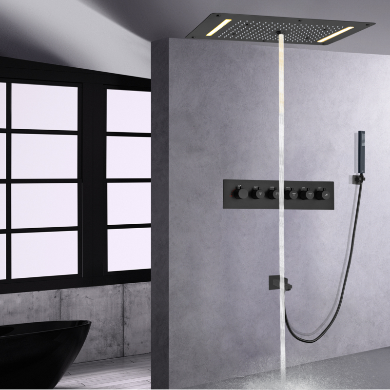 Chuveiro de chuva preto fosco 700x380 mm LED termostático banheiro chuveiro misturador chuva cachoeira conjunto de chuveiro