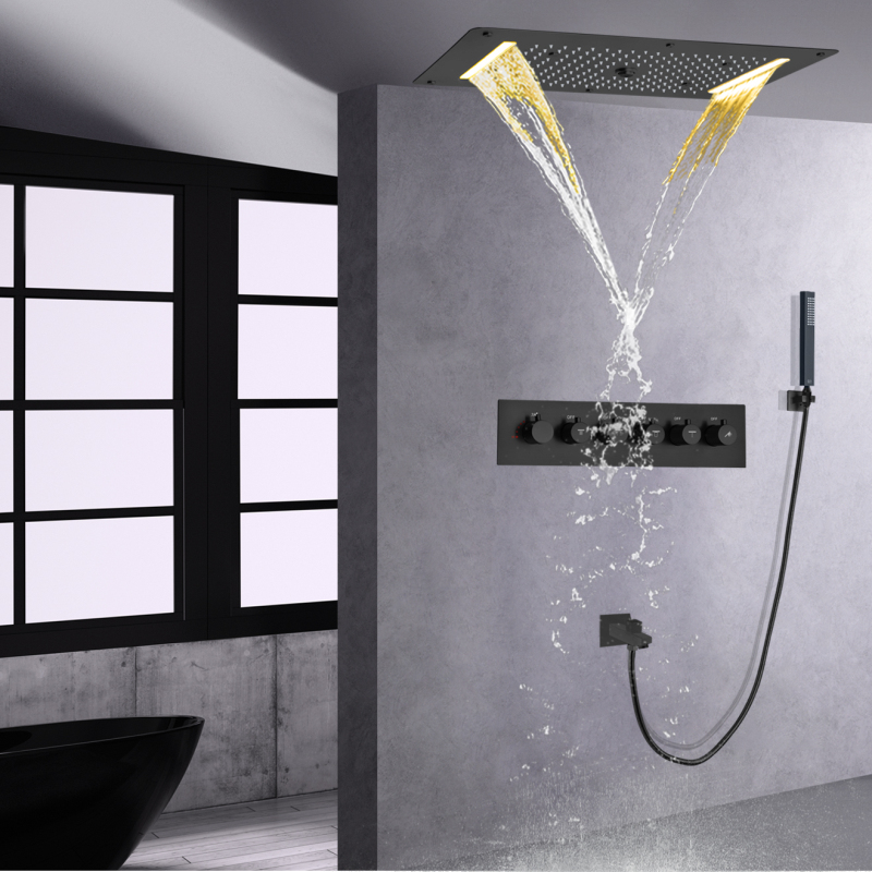 Preto fosco termostática banheira chuveiro torneira conjunto teto banho cachoeira spray bolha chuva led cabeça de chuveiro com mão