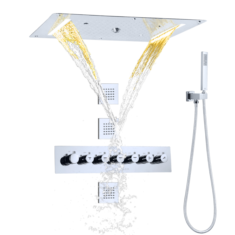 Conjunto de chuveiro termostático cromado 700X380 MM LED Banheiro Sistema combinado de cascata de chuveiro de alto fluxo