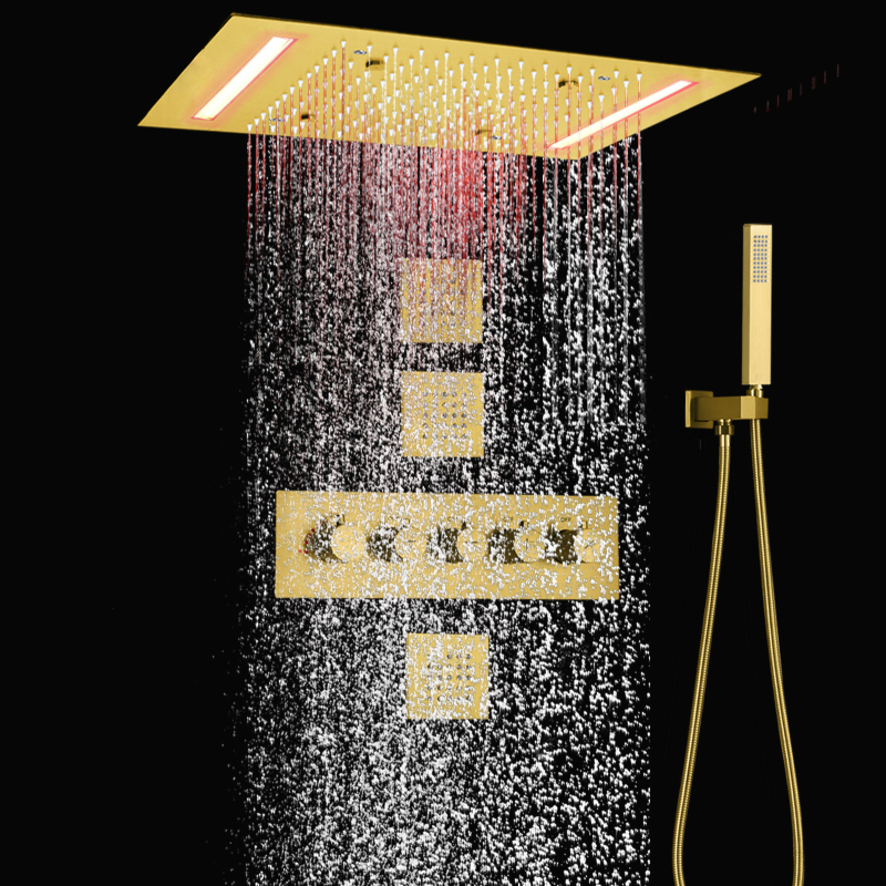 Conjunto de banho e chuveiro termostático de chuva de ouro escovado 14 x 20 polegadas teto LED cabeça de chuveiro superior com jatos de corpo na parede