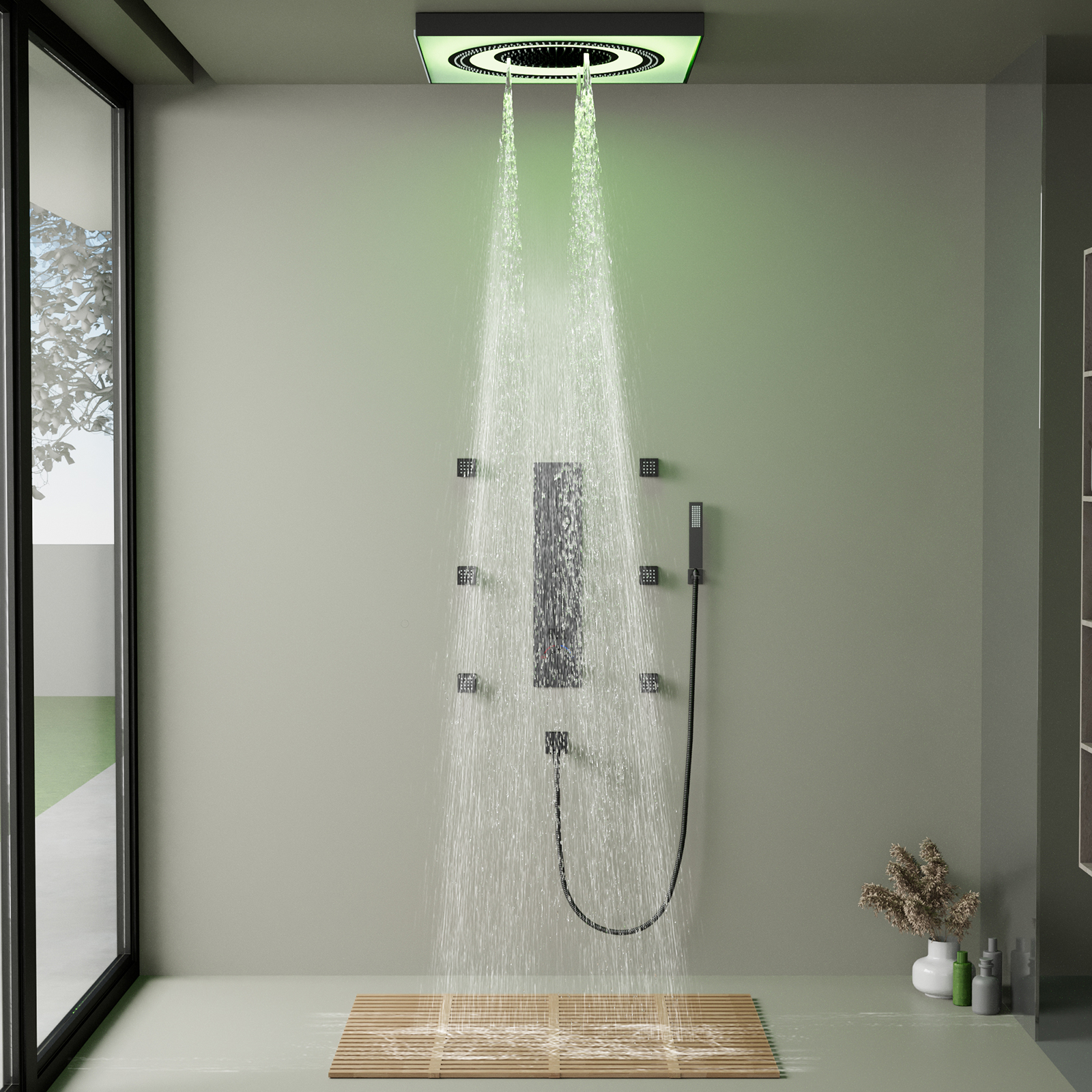 Conjuntos de chuveiros termostáticos com válvula de chuveiro híbrida multifuncional LED