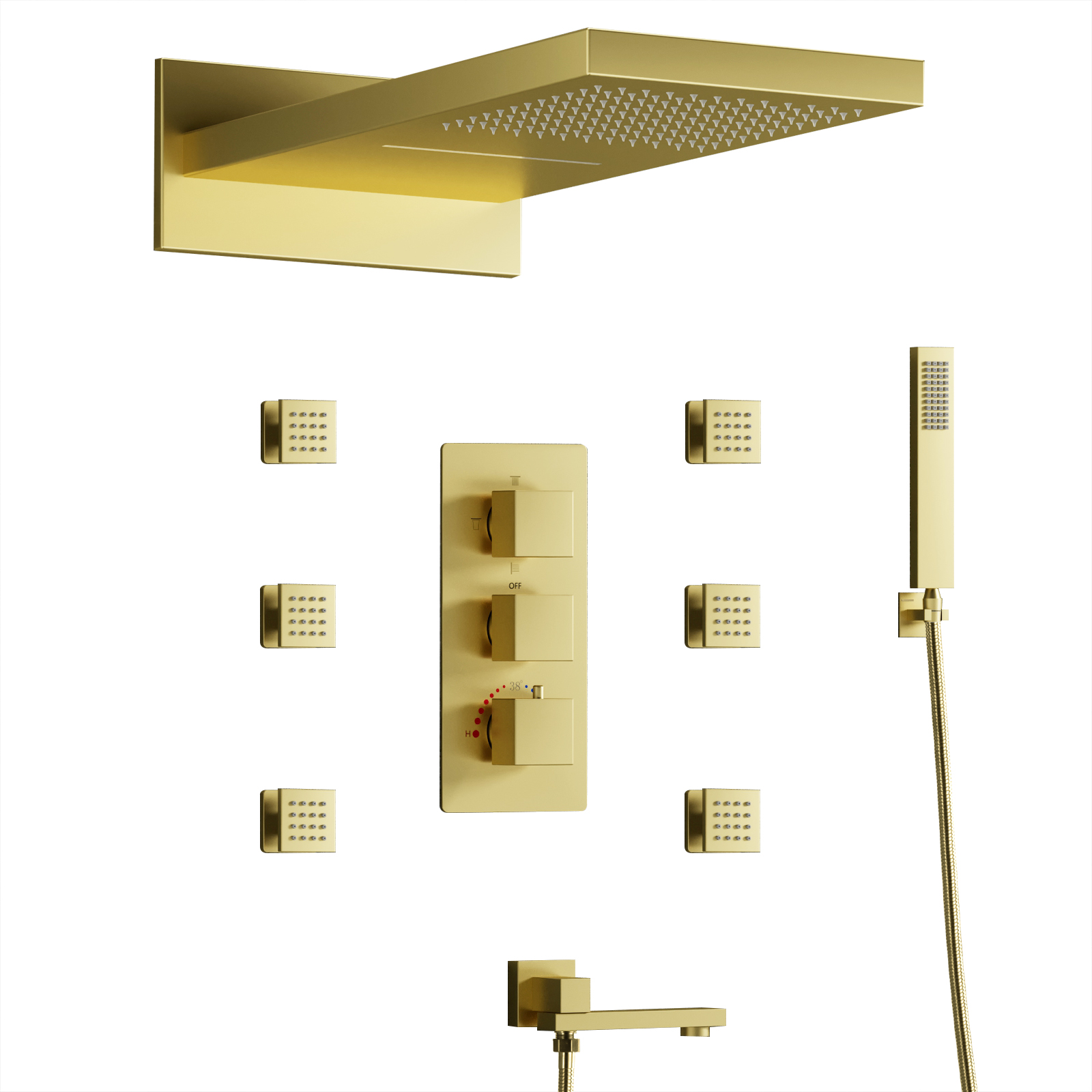 Conjunto de cabeça de chuveiro dourado luxuoso, misturador, chuveiro, cascata, com torneira quadrada moderna e portátil