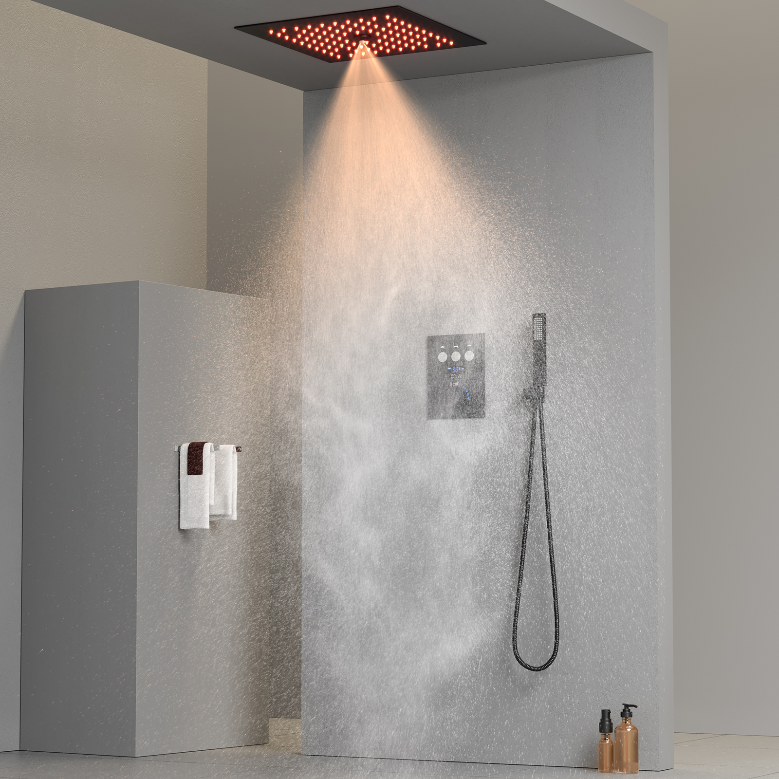 Conjunto de cabeça de chuveiro de chuva LED quadrado preto fosco Sistema de chuveiro termostático para banheiro