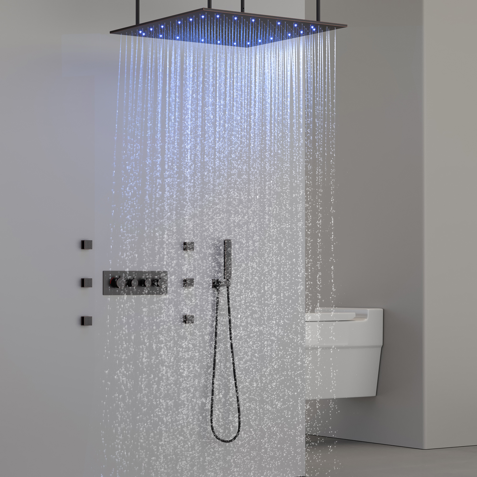 Conjunto de chuveiro de chuva para banheiro, cabeça de chuveiro LED, sistema de chuveiro quadrado de teto, temperatura constante inteligente
