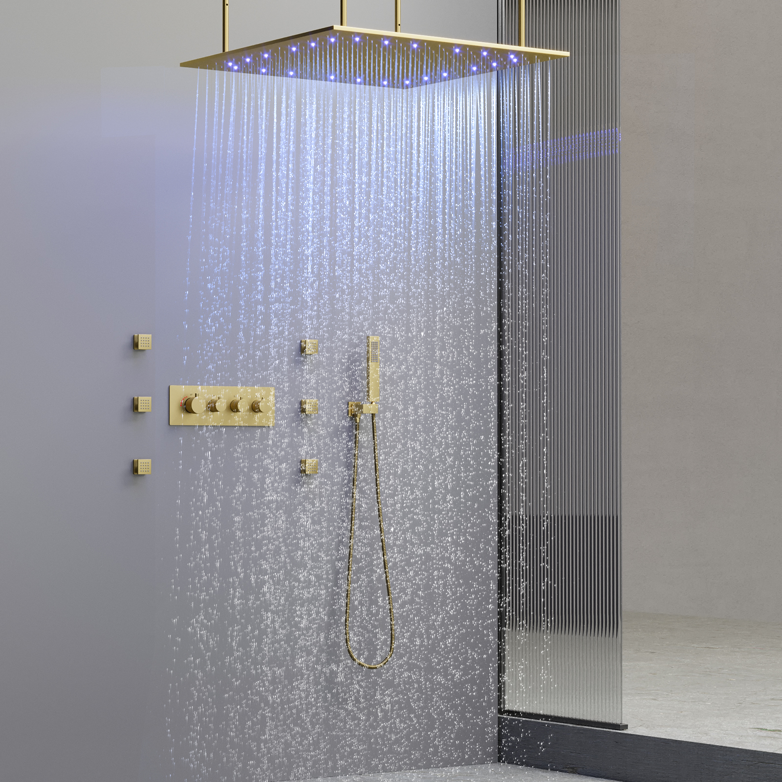 Ouro escovado sistema de chuveiro luxo chuva led cabeça chuveiro teto chuva termostática válvula mistura pulverizador portátil