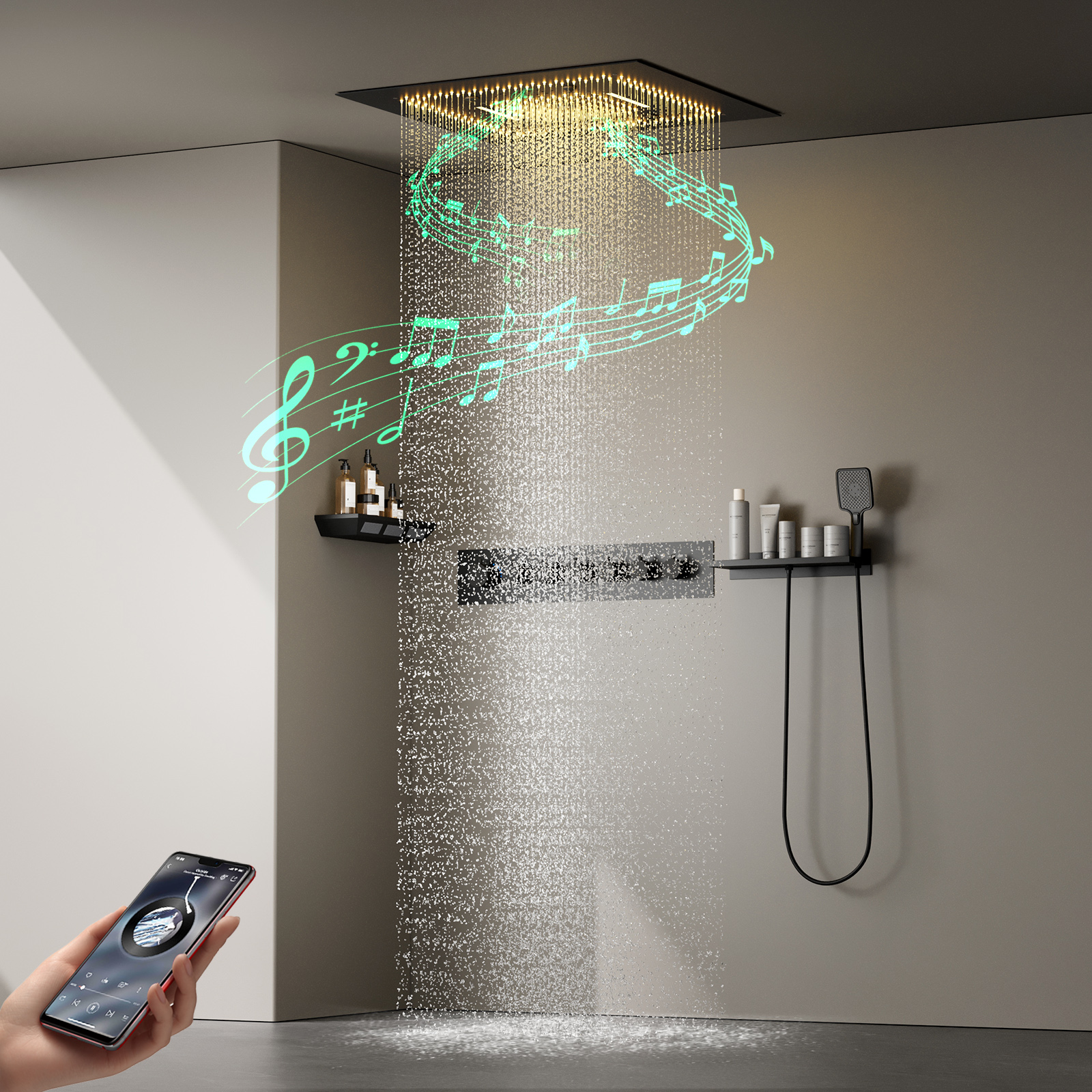 600*600mm Teto do banheiro LED Conjunto de cabeça de chuveiro de temperatura constante com cascata de chuva Kit multifuncional de torneira de chuveiro