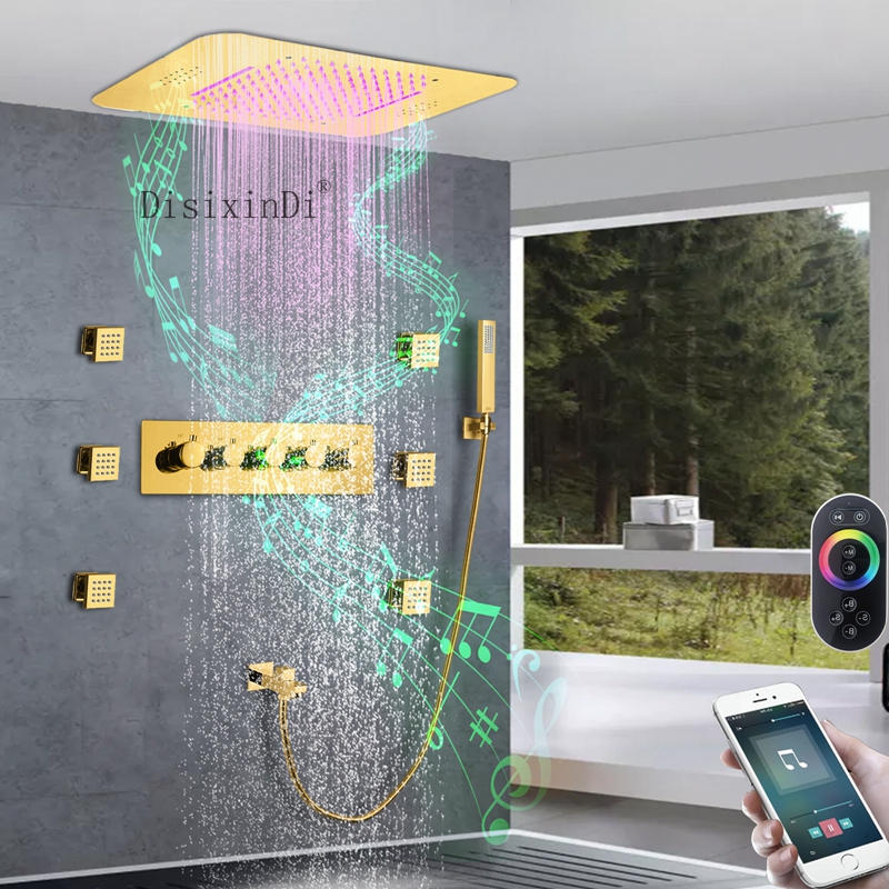 Ti ouro banheiro chuvas cachoeira led termostática torneira do chuveiro com corpo de chuveiro jato e função música cabeça chuveiro