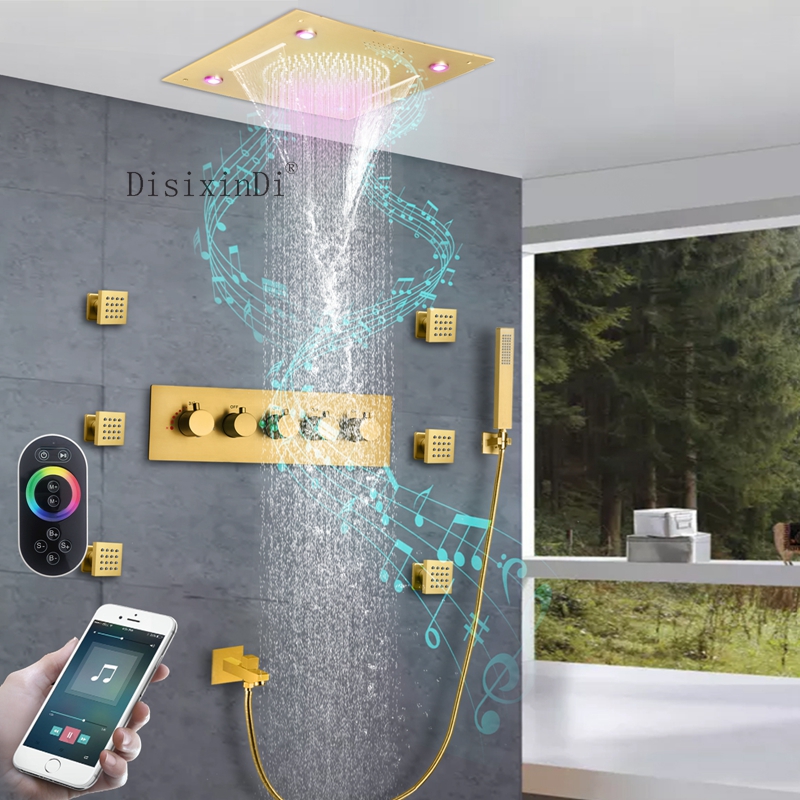 Conjuntos de banho e chuveiro com música LED Luxo escovado ouro 16 polegadas teto cachoeira chuveiro com cabeça de chuva