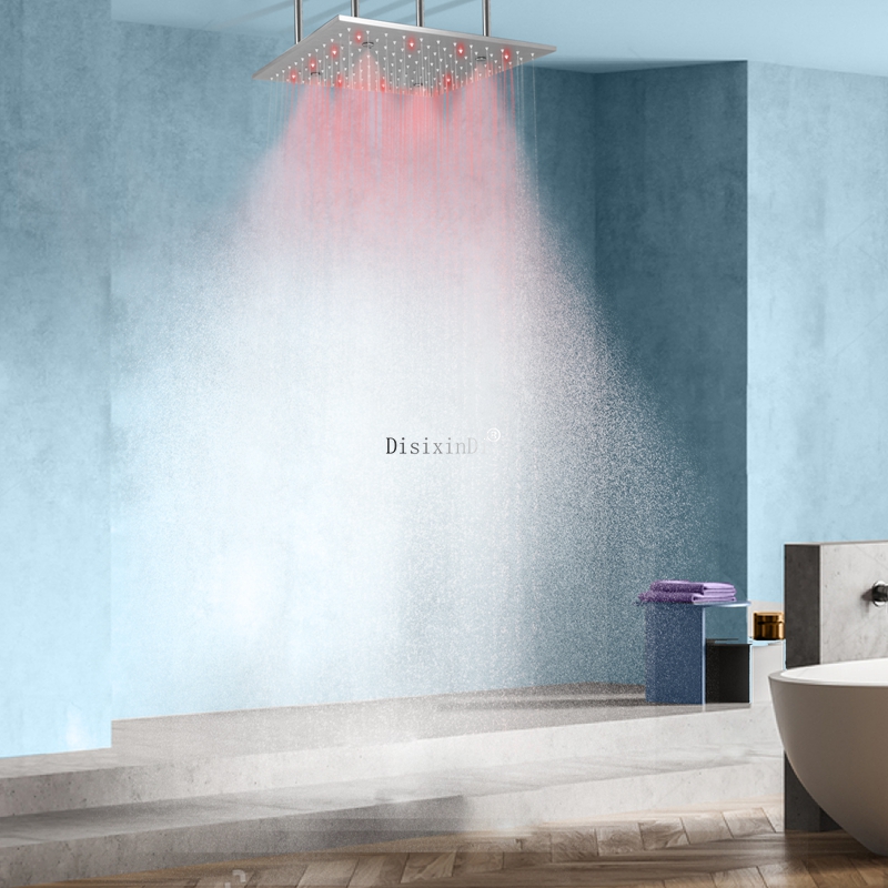 Sistema de cabeça de chuveiro escovado de 16 polegadas, aço inoxidável 304, banheiro, instalação de teto LED, misturador de chuveiro com névoa de chuva