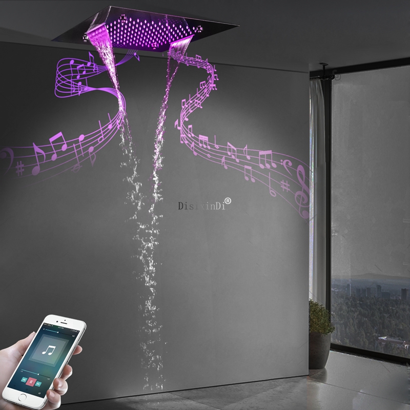 Cabeça de chuveiro LED cromada polida com alto-falante musical Chuva enevoada e chuveiro tipo cascata com teto de 20 polegadas embutido