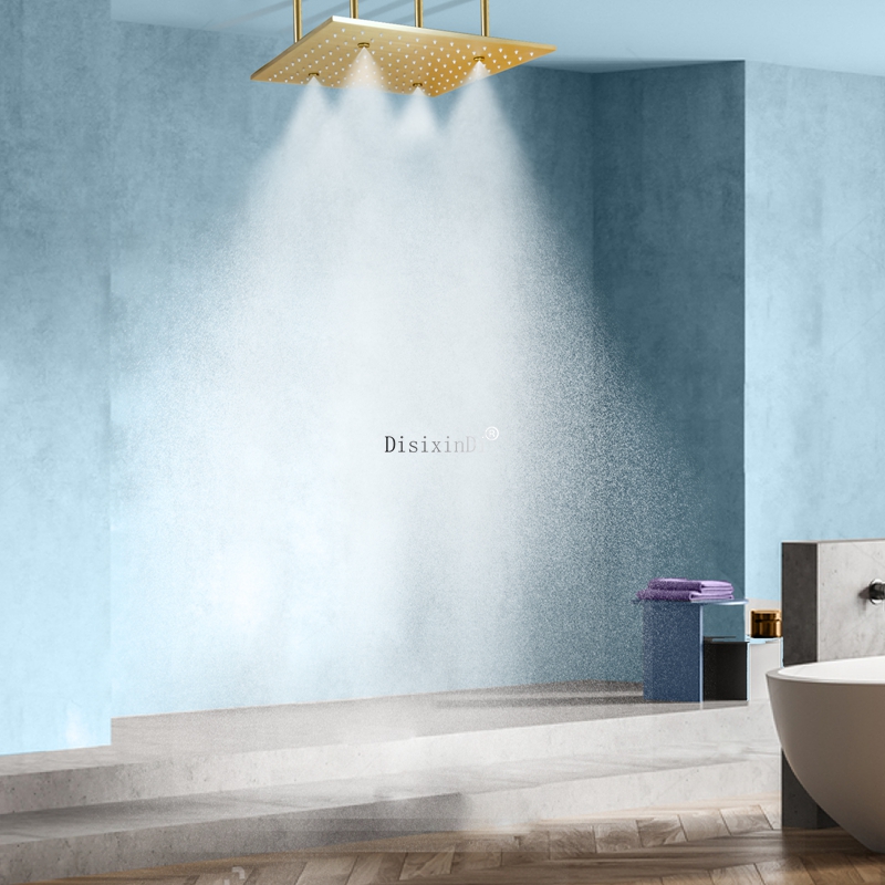 Ouro escovado 400x400mm teto névoa chuva LED cabeça de chuveiro 304 SUS duas funções banheiro torneira de chuveiro embutida
