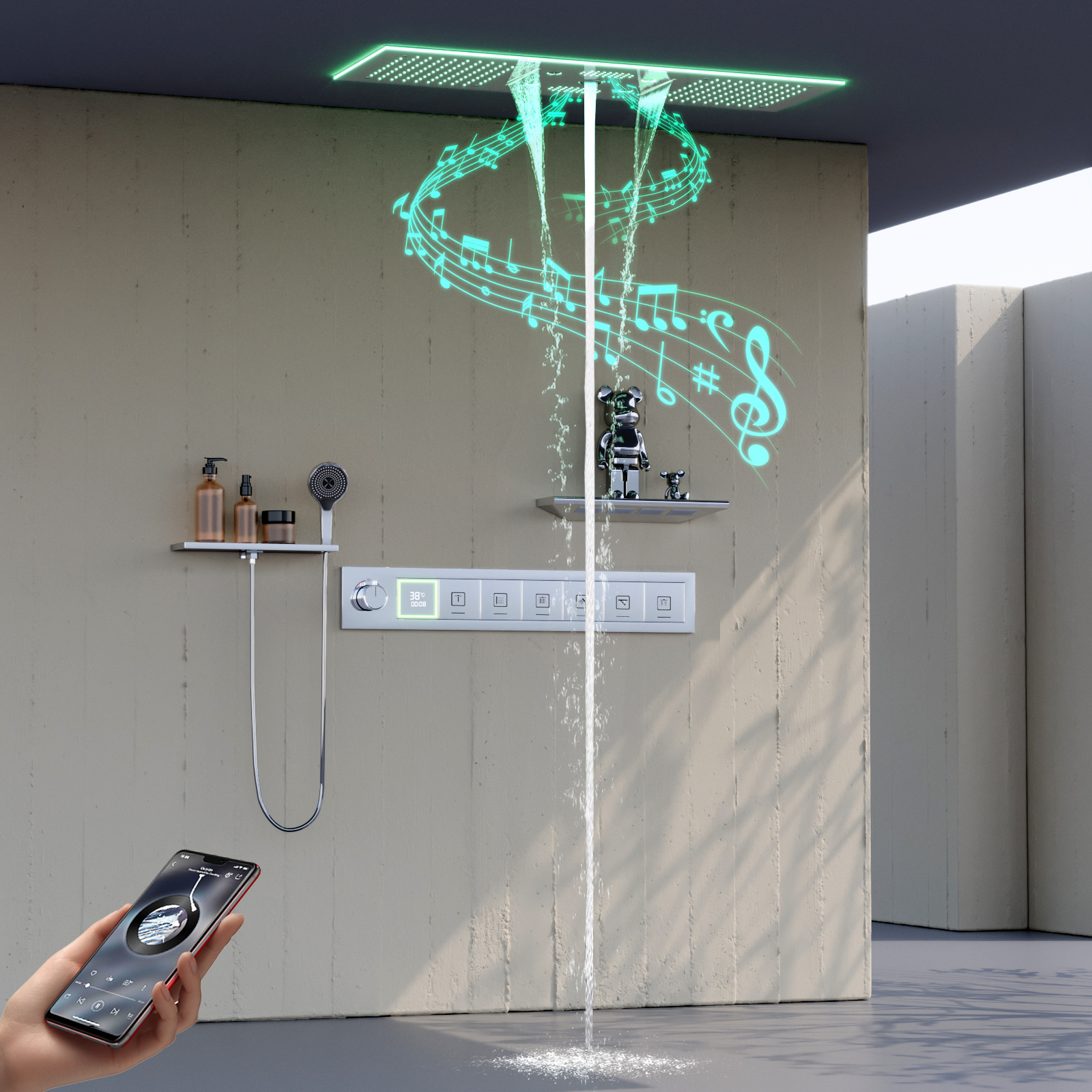 Banheiro luxuoso, 6 funções, sistema de chuveiro LED, 90x30cm, coluna de água atomizada, placa de chuveiro de chuva com cabeça de spray quadrada