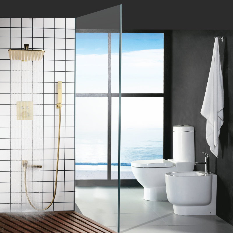Conjunto de chuveiro termostático de ouro escovado, torneiras, botão de pressão do banheiro, chuveiro superior, chuveiro de mão, braço