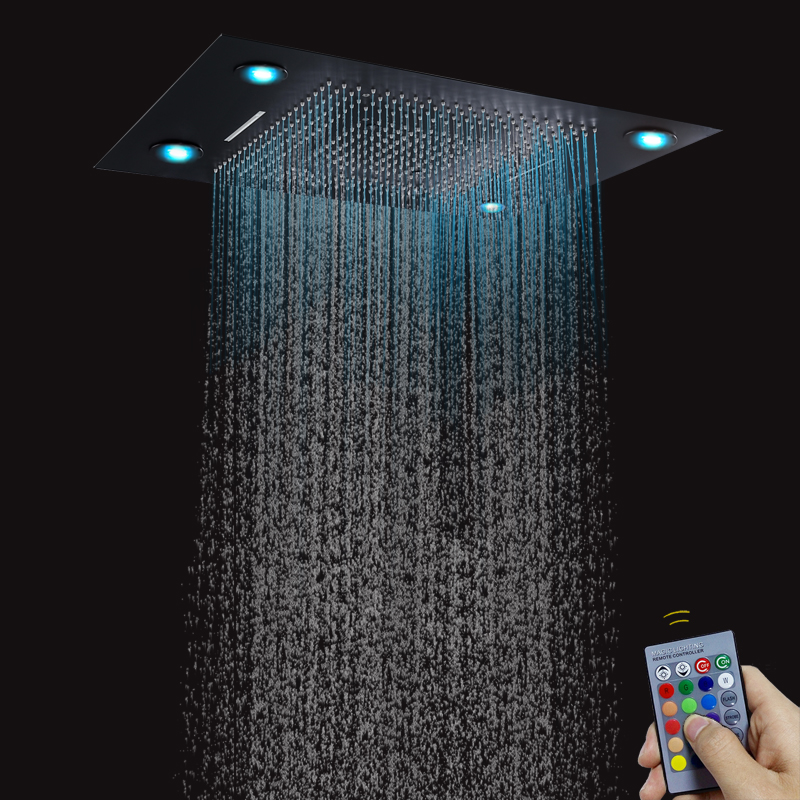Preto fosco 80x60 cm misturador do chuveiro do banheiro com painel remoto de controle led chuvas chuveiro cachoeira atomização chuvas