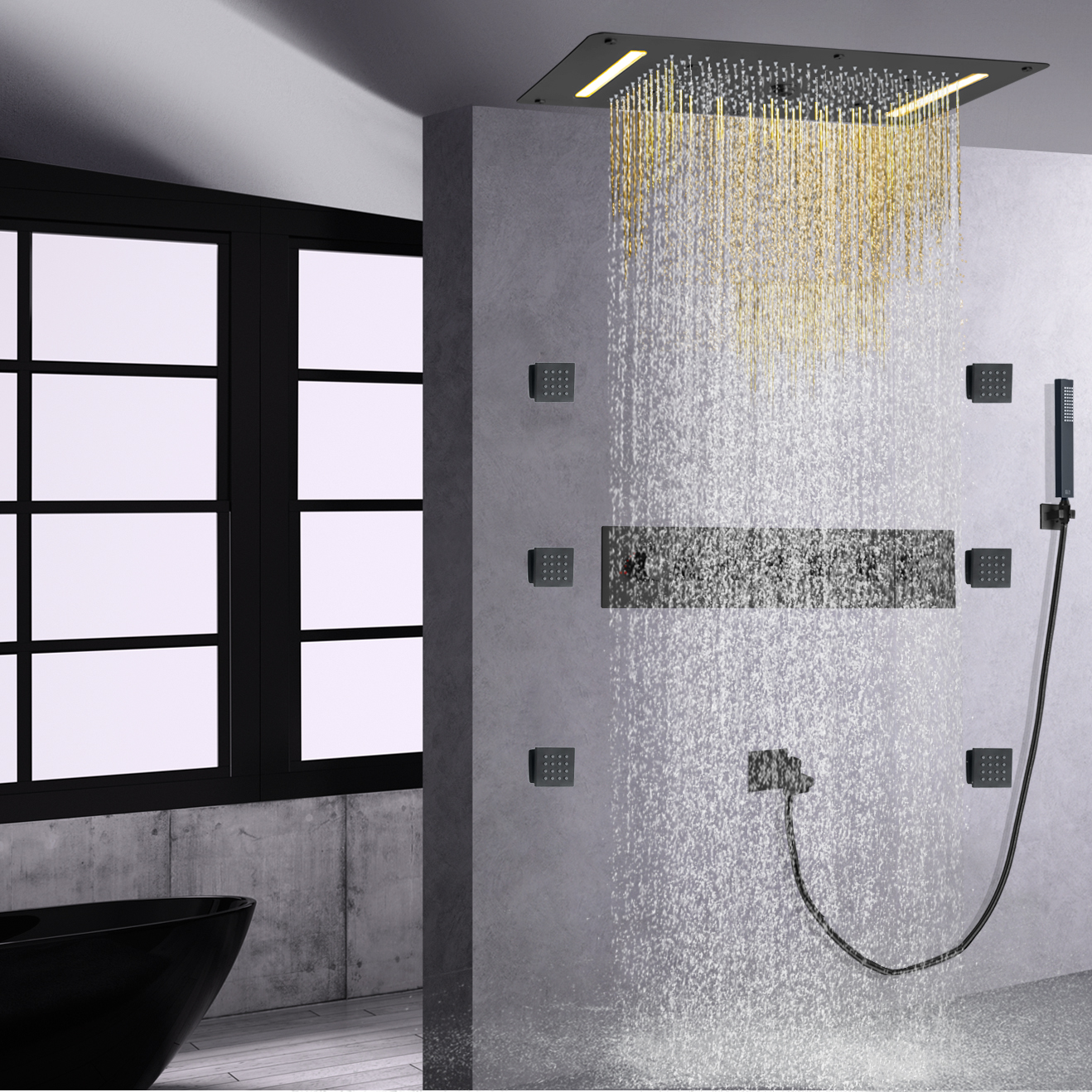 Preto fosco banheiro válvula de bronze termostático torneira do chuveiro painel chuvas massagem cachoeira sistema chuveiro