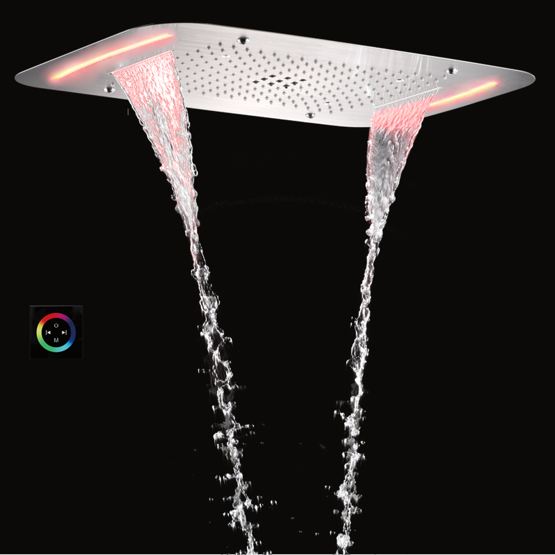 Torneiras de chuveiro de níquel escovado 71X43 CM Banheiro com LED cascata de chuveiro multifuncional e chuva atomizadora