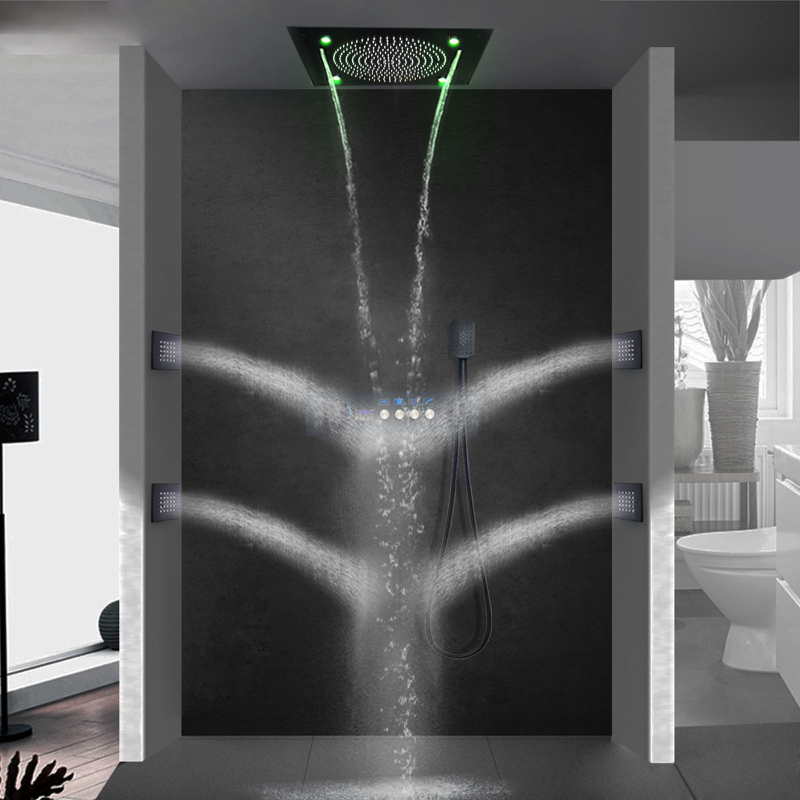 Preto fosco banho escondido chuveiro misturadores termostática display digital banheiro chuveiro alto-falante cachoeira spa chuveiro corpo jatos