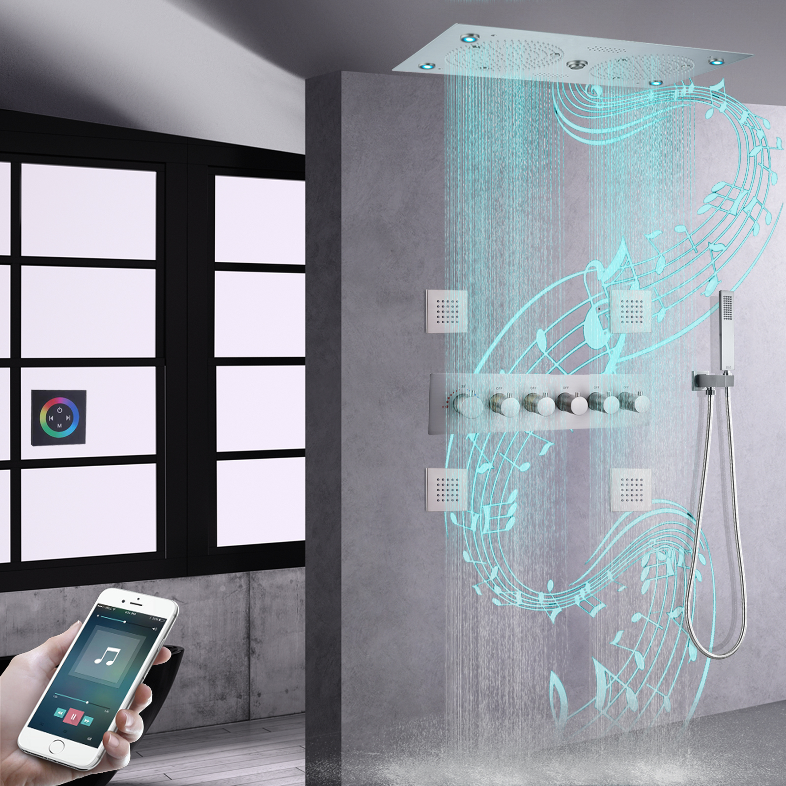Cabeça de chuveiro de níquel escovado embutida no teto 620 * 320mm LED banheiro com recursos musicais conjunto de torneira de chuveiro