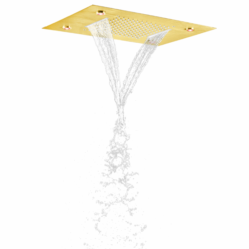 Cabeça de chuveiro de ouro escovado 50X36 CM LED Luxo Banheiro de alto fluxo Bifuncional Cachoeira Chuveiro de chuva