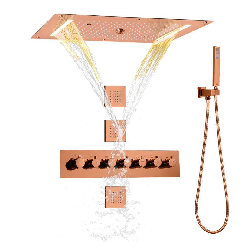 Ouro rosa led termostática multifuncional cachoeira chuva atomização portátil misturador de chuveiro de alto fluxo