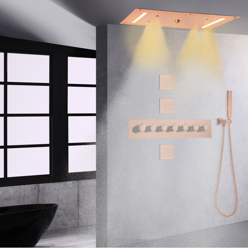 Torneira de chuveiro termostática rosa ouro LED multifuncional sistema de chuveiro névoa chuva cascata com suporte manual