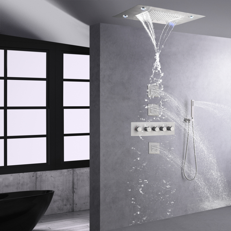 Conjunto de chuveiro LED de níquel escovado, cascata termostática, chuva com torneiras de banho e chuveiro manuais
