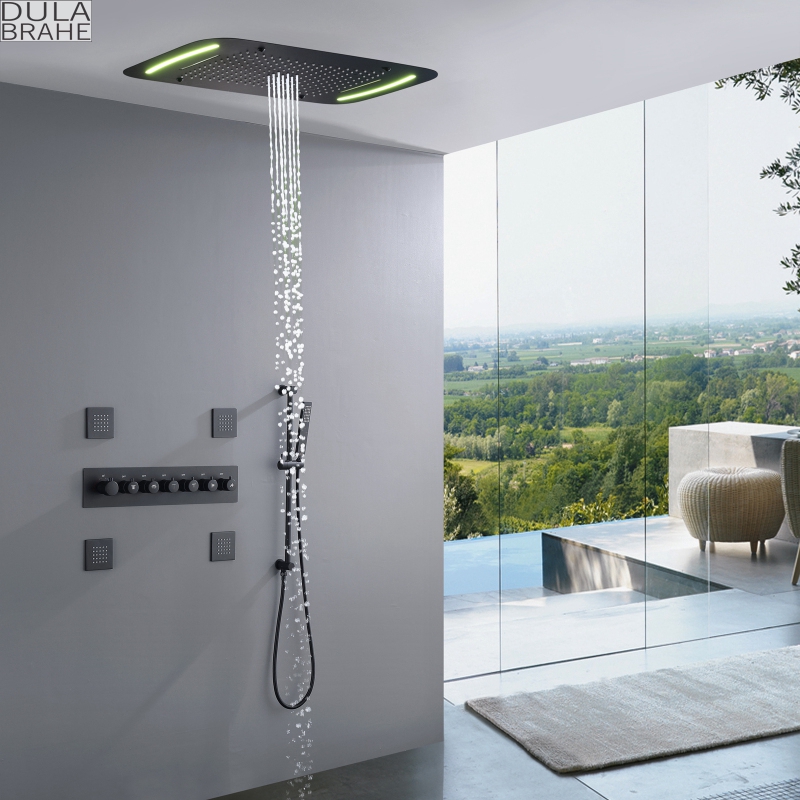 Conjunto de sistema de chuveiro termostático preto fosco LED 28X17 Polegada grande banheiro cachoeira painel de chuva hidromassagem jato massagem