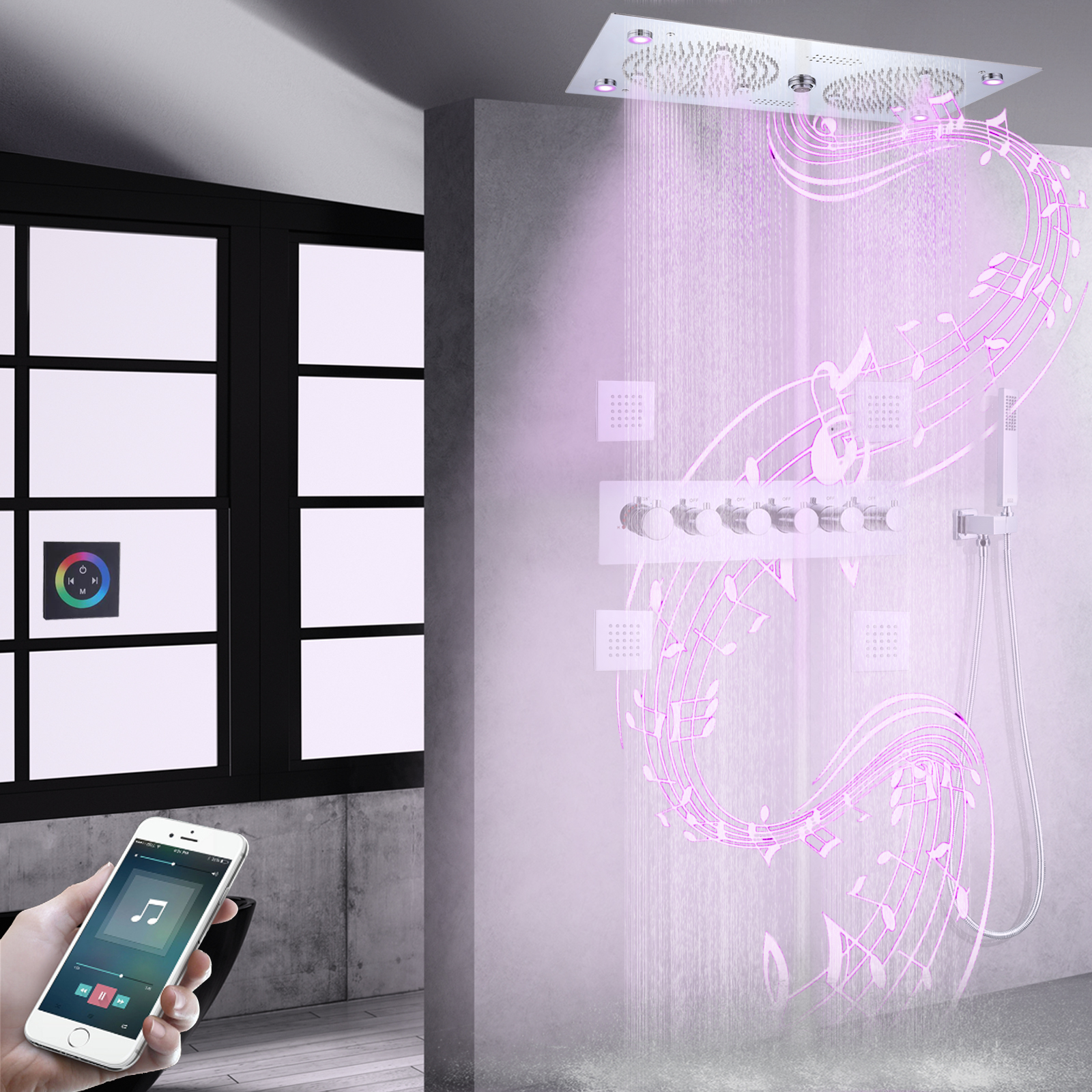 Misturador de chuveiro cromado polido, led, termostática de bicos, coluna de chuveiro, névoa de chuva, sistema de chuveiro musical