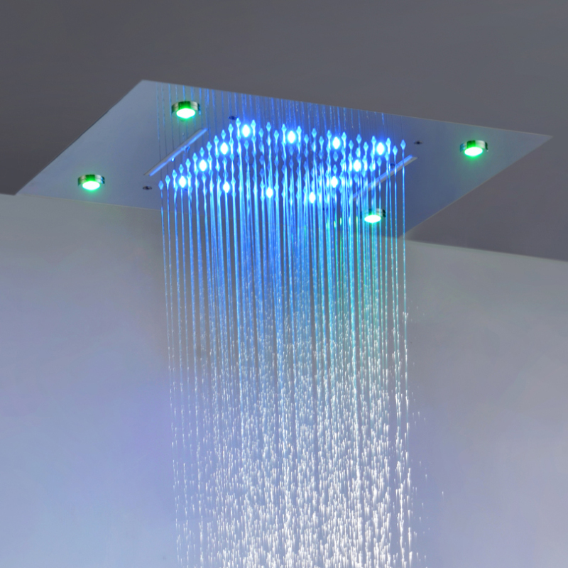 Estilo europeu cromo polido 50x36 cm misturador de chuveiro chuva 7 cores led banheiro bifuncional cachoeira chuvas