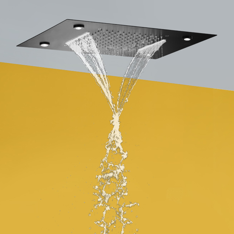Preto fosco 50x36 cm cabeça de chuveiro preto novo design 7 cores led banheiro bifuncional cachoeira chuveiro spa