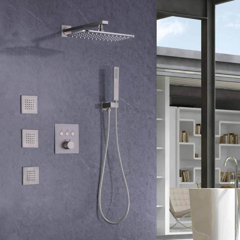 Torneira de chuveiro de níquel escovado 28X18 CM termostática para banheiro sistema de chuveiro oculto de chuva montado na parede
