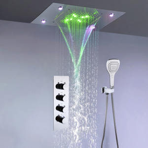 Conjunto de torneira de chuveiro termostática LED para banheiro, teto embutido, 20 * 14 polegadas, chuva e chuveiro em cascata
