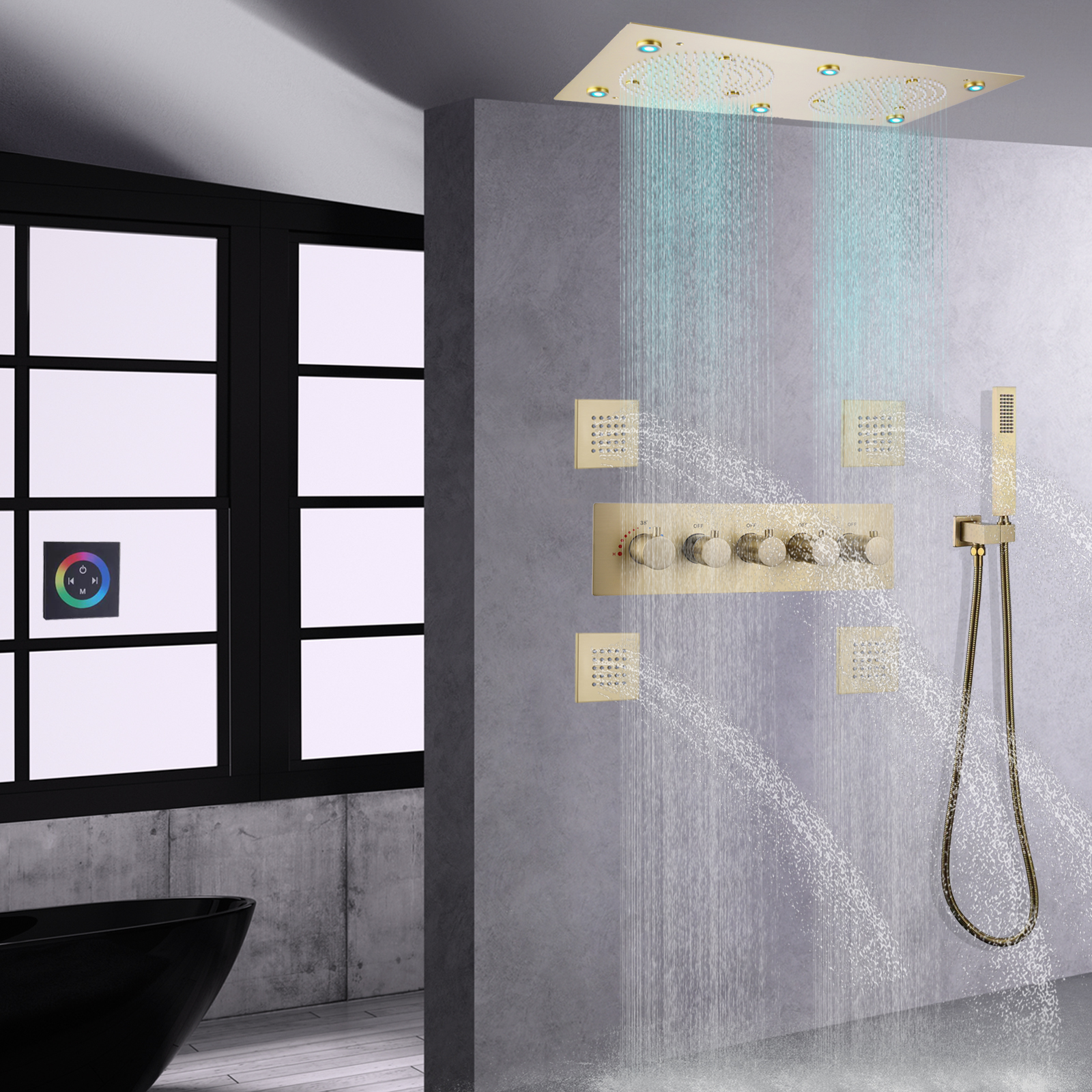 Banheiro LED termostático escovado ouro montado na parede duplo bibcock chuva névoa hidro jato massagem