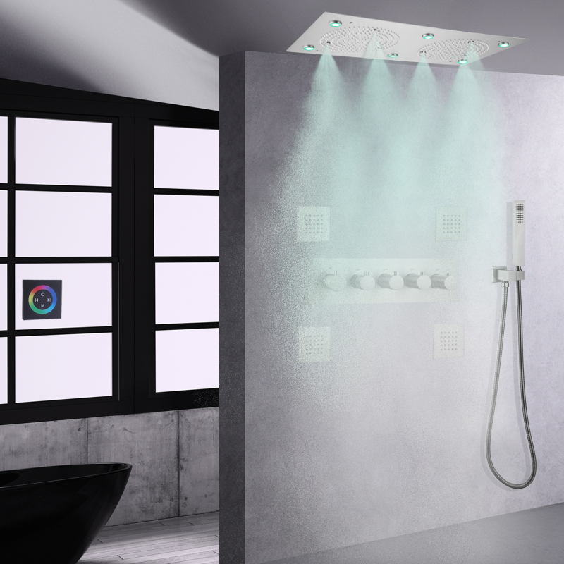 Cabeça de chuveiro termostática de níquel escovado 24 * 12 polegadas LED chuveiro de banheiro conjunto de chuveiro atomizador de chuva com portátil