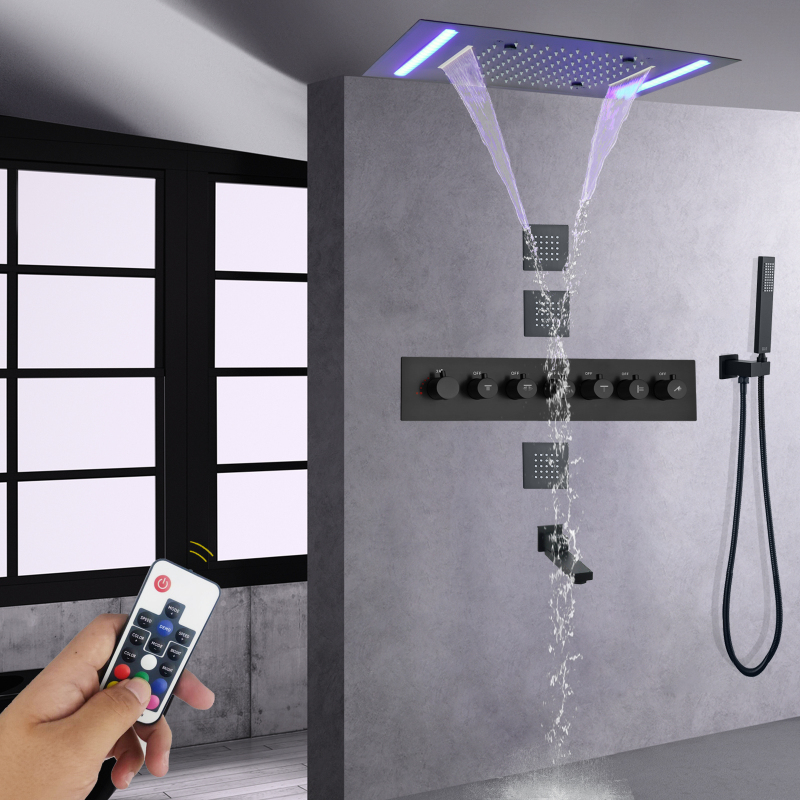 Cabeça de chuveiro termostática preto fosco 50x36 cm com painel de controle led banheiro multifuncional cachoeira chuvas atomização