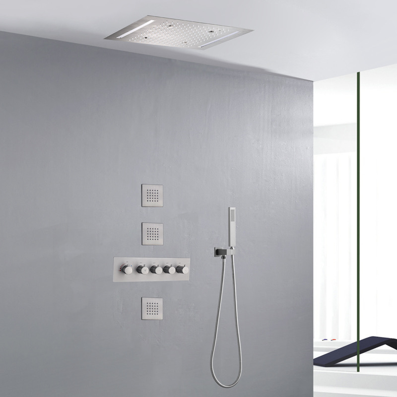 Conjunto de chuveiro escovado 14 x 20 polegadas LED controle termostático luxuoso banheiro chuveiro de névoa