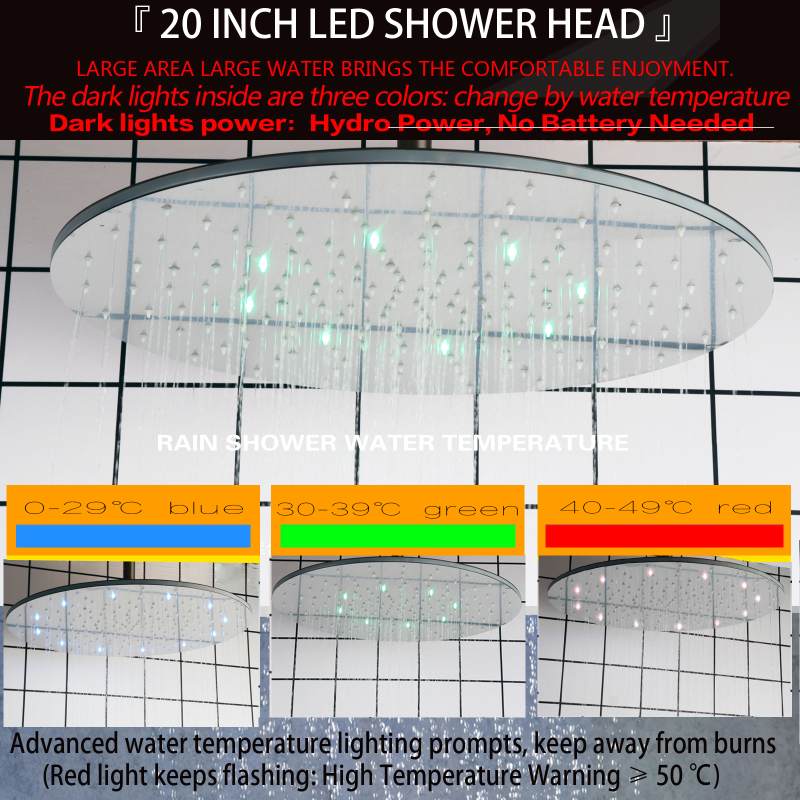 Conjunto de sistema de chuveiro redondo de chuva LED termostático montado no teto 20 cabeças de chuveiro de chuva jatos de corpo de níquel escovado