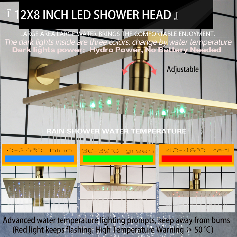 12X8 Polegada LED Ouro escovado Botão termostático Banheiro Conjunto de torneira de chuveiro Sistema de chuveiro de chuva