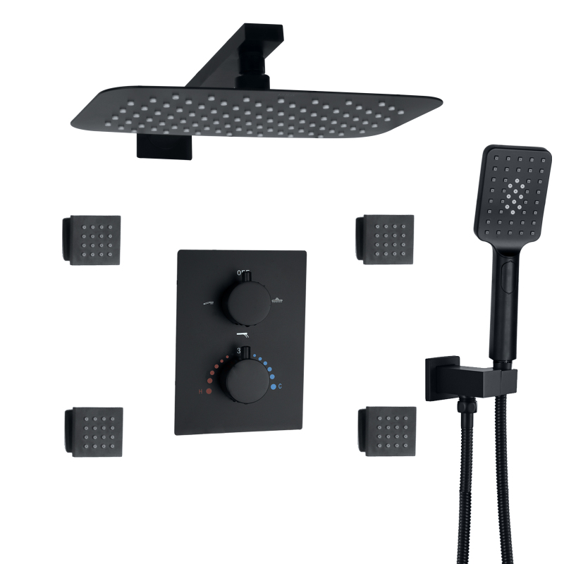 Misturador de chuveiro preto fosco contemporâneo 30x20 cm cabeça de chuveiro termostática com sistema de chuveiro portátil de latão preto