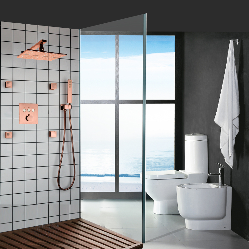 12x8 Polegada retangular ouro rosa termostática torneira do chuveiro do banheiro conjunto botão válvula led parede chuva cabeça de chuveiro