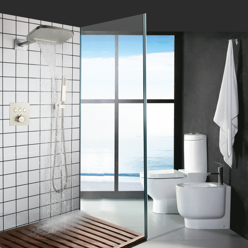 Conjunto de misturador de chuveiro termostático de níquel escovado para banheiro com cascata superior e portátil