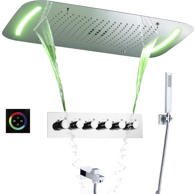 Chuveiro retangular termostático multifuncional, cascata, chuveiro, teto embutido, luz led, torneira de chuveiro de banheiro