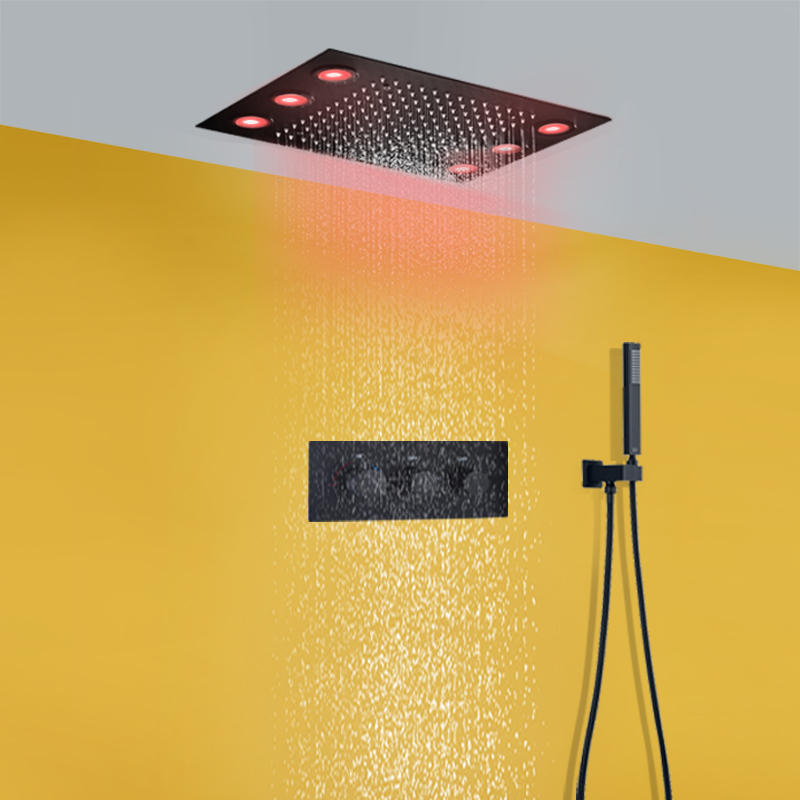 Preto mate 360x500 MM LED Teto Chuveiro Chuveiro Recesso Teto Termostático Duas Funções Conjunto Misturador de Chuveiro