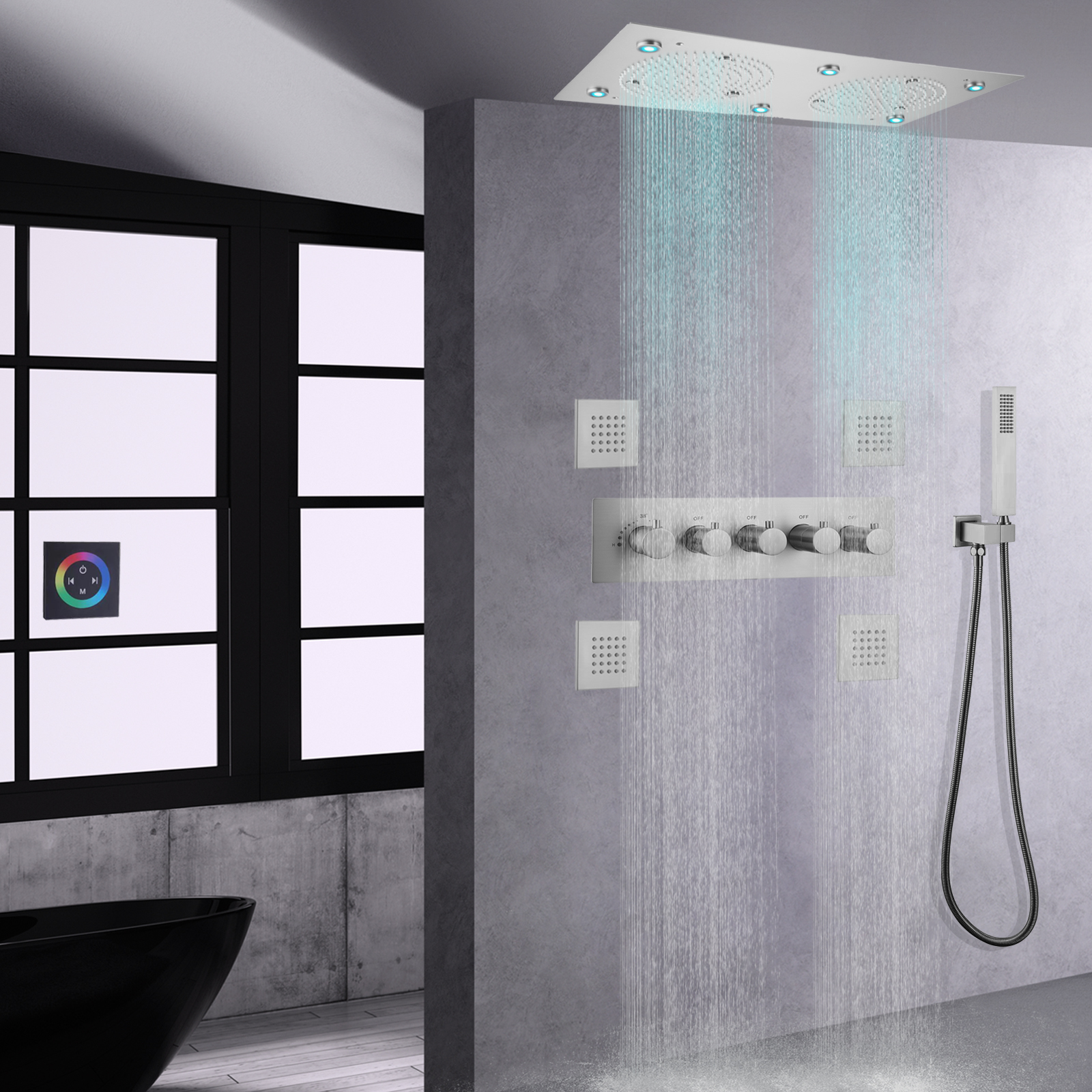 Cabeça de chuveiro de níquel escovado LED termostática de alto fluxo chuva névoa painel de chuveiro massagem chuveiro portátil
