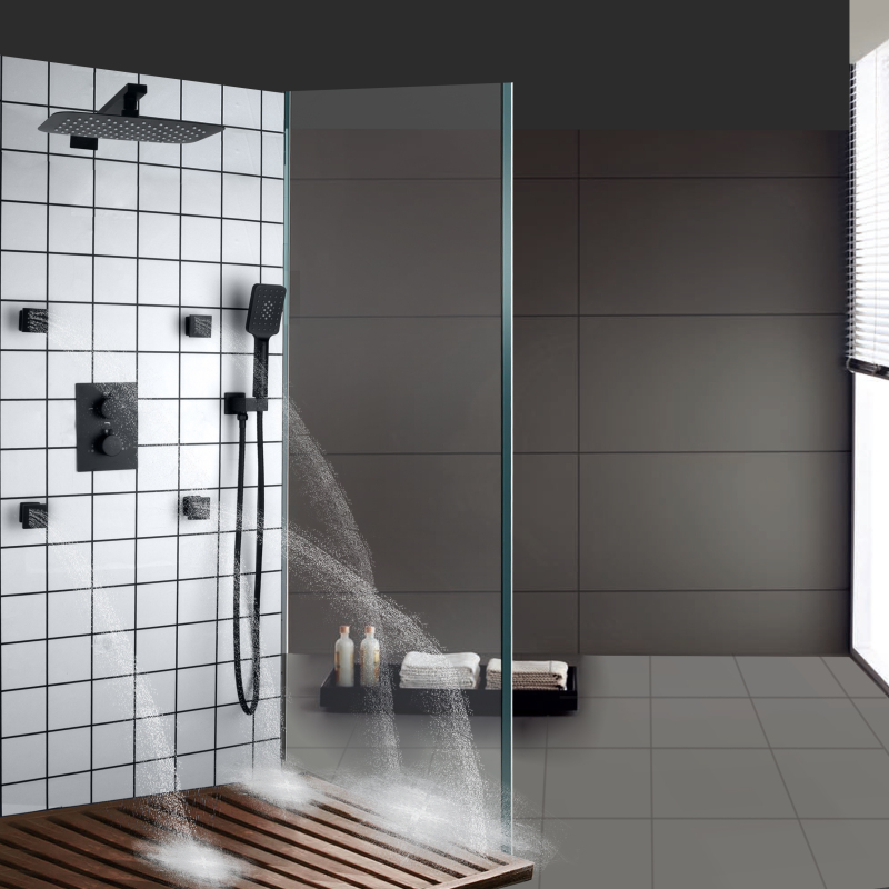 Conjunto de torneiras de chuveiro preto fosco 30X20 CM Chuvas termostáticas para banheiro com chuveiro de mão de três funções