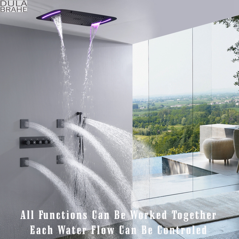 Chuveiro de chuva preto fosco 71X43 CM LED Termostático Banheiro Chuveiro escondido com chuveiros de jato hidroelétrico de spa