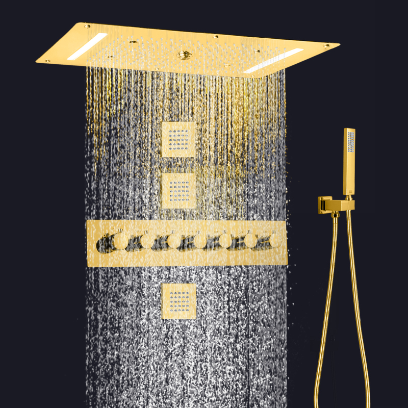 Termostática polida dourada 700x380mm em conjunto de chuveiro oculto de chuva montado na parede cascata de chuva