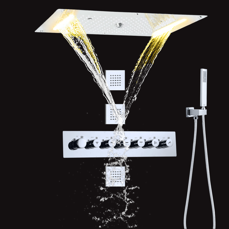700X380 MM Cromo Polido Banho Termostático Sistema de Chuveiro Teto Cabeça de Chuveiro LED Cachoeira Spray Chuvas