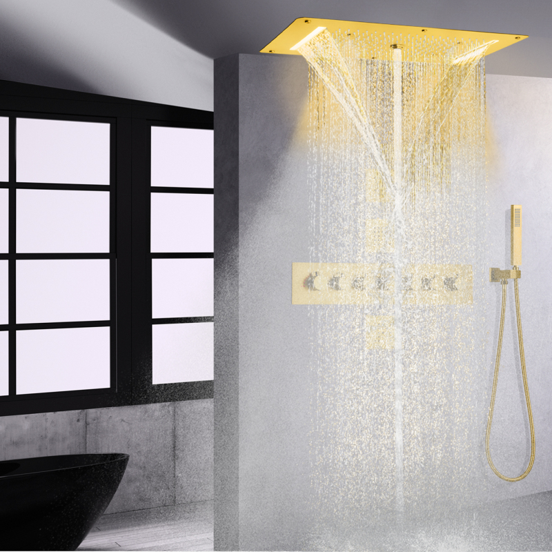 Sistema de chuveiro de chuva de ouro escovado termostático 700X380 MM LED Cabeça de chuveiro de banheiro com chuveiro de mão