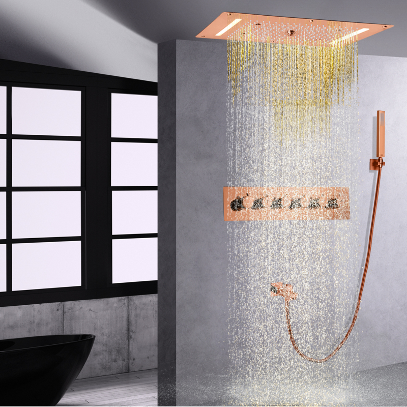 Chuva de ouro rosa termostática LED cabeça de chuveiro escondida teto banho conjunto de chuveiro com portátil